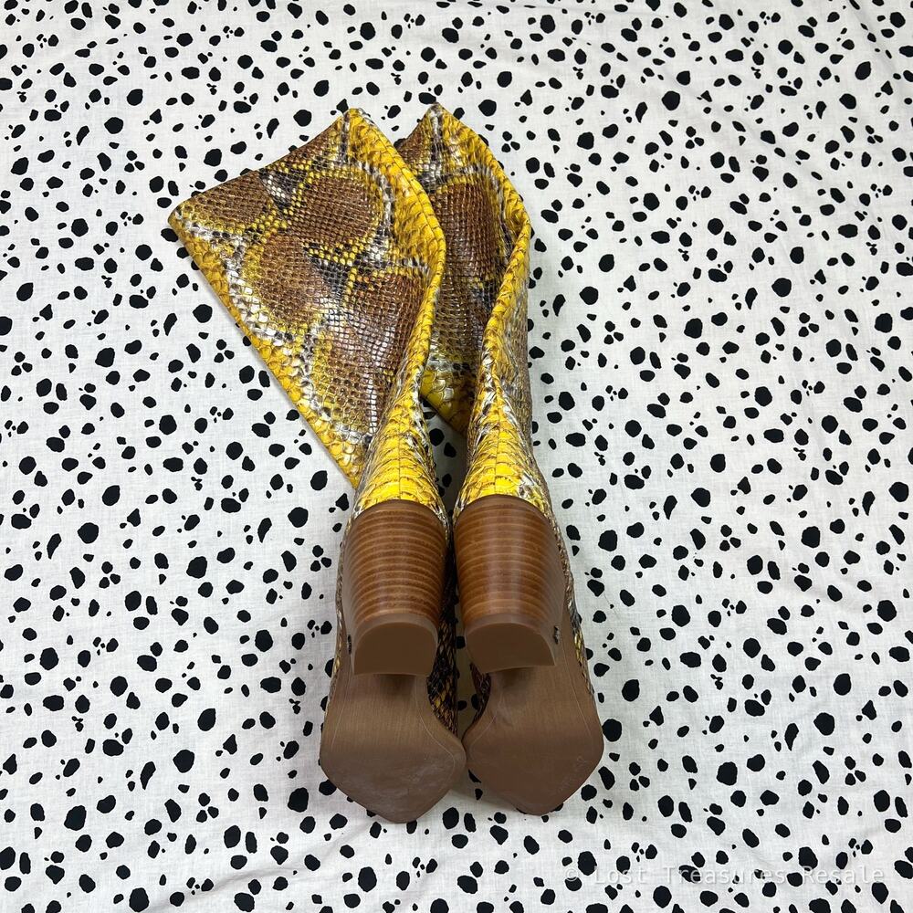Sam Edelman | Lindsey Yellow Brown Snake Print Tall Leather Western Heel Boots 8 - Picture 7 of 11